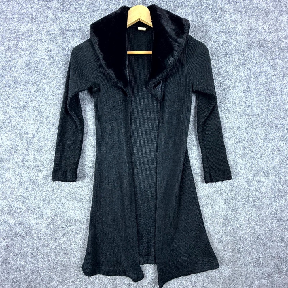 Vintage BackStage U.S.A. Sweater Womens Small Black Faux Fur Collar Open Front